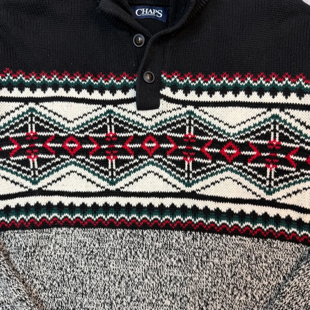 Chaps Sweater Mens Large Black Gray Fair Isle Mock Neck Button Pullover Knit